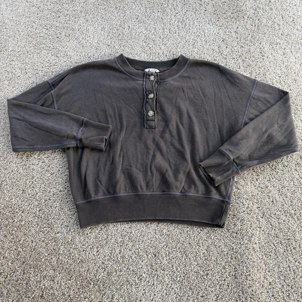 American Eagle Sweatshirt Womens Small Gray Fleece Henley Pullover Top Relaxed